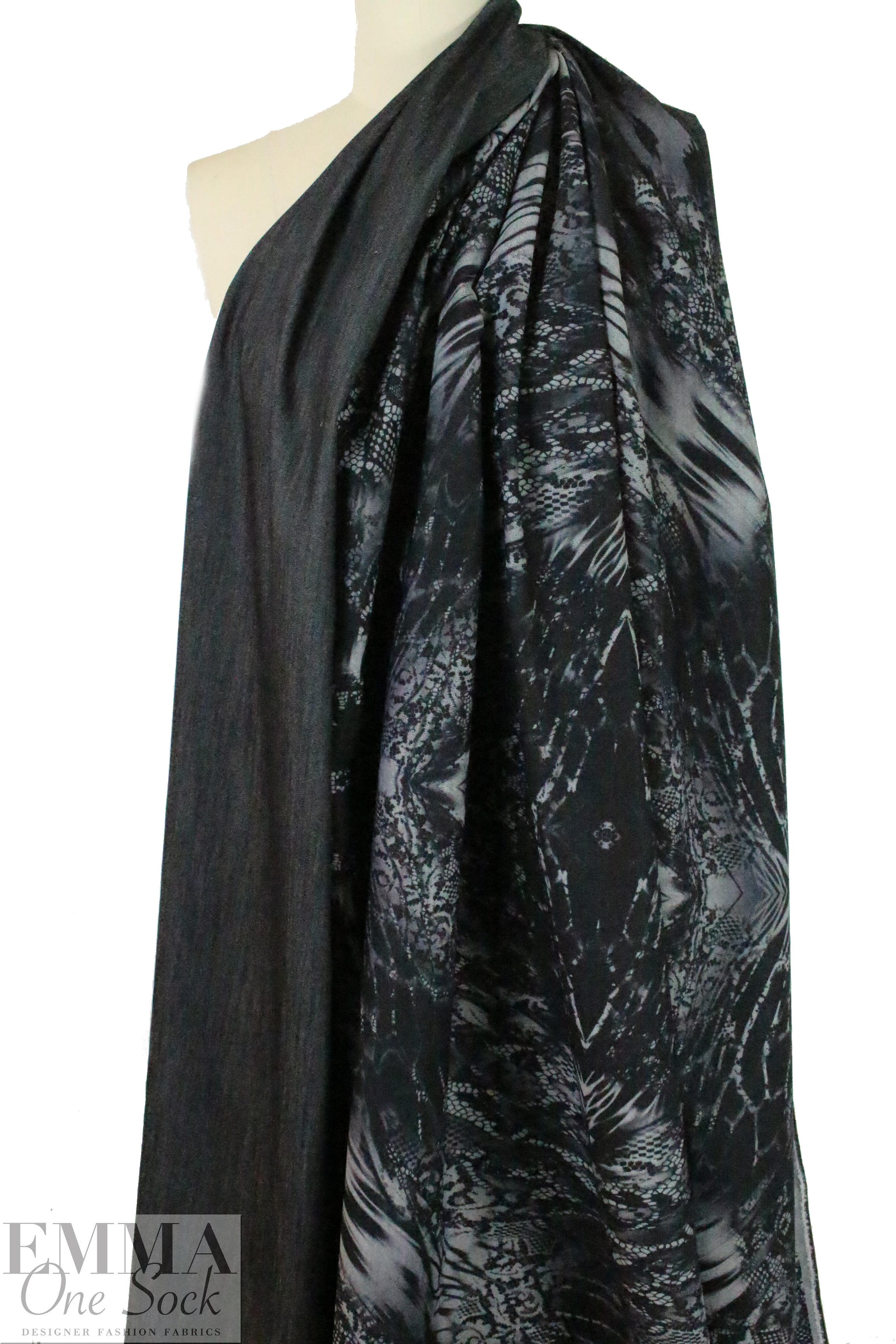 Italian lacey abstract printed stretch denim