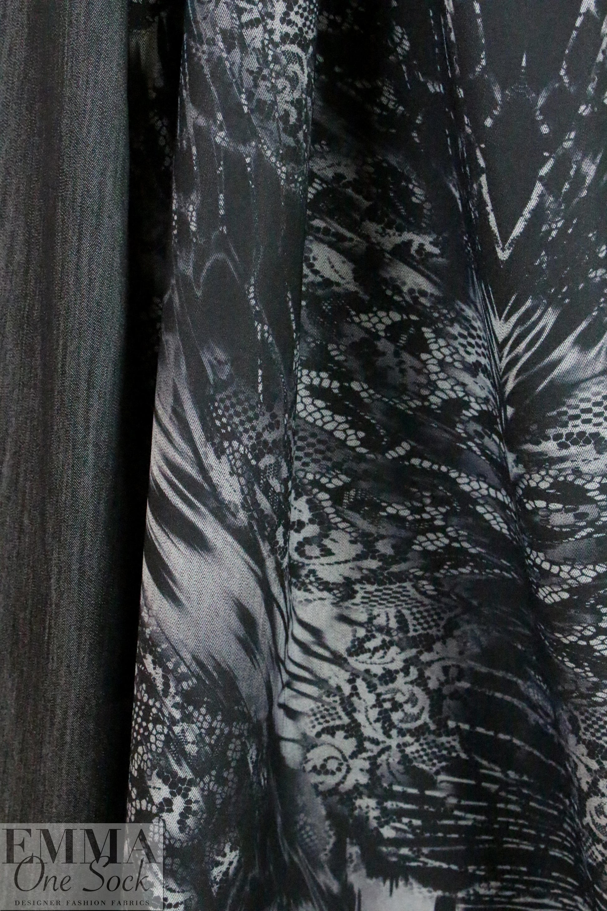 Italian lacey abstract printed stretch denim 1.75 yds