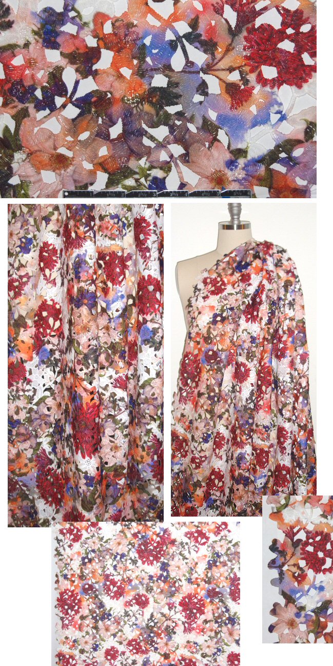 Guipure floral printed lace - blush/red/indigo