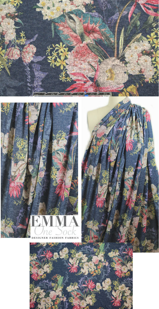 printed tricot athleisure knit - denim floral 1.375 yds