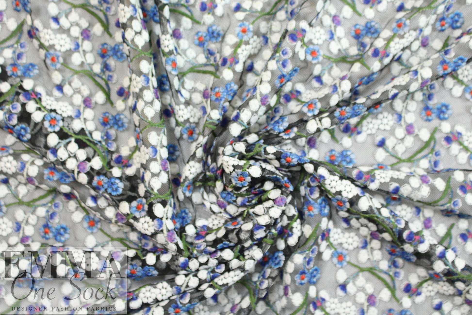 NY designer over-printed embroidered mesh - blooming buds