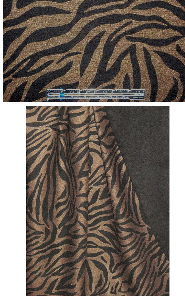 designer gold safari  printed black ponte 1.375 yd