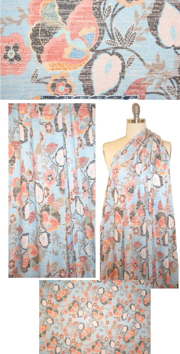 decorative flowers printed sweater knit - blue/coral 1.375 yd
