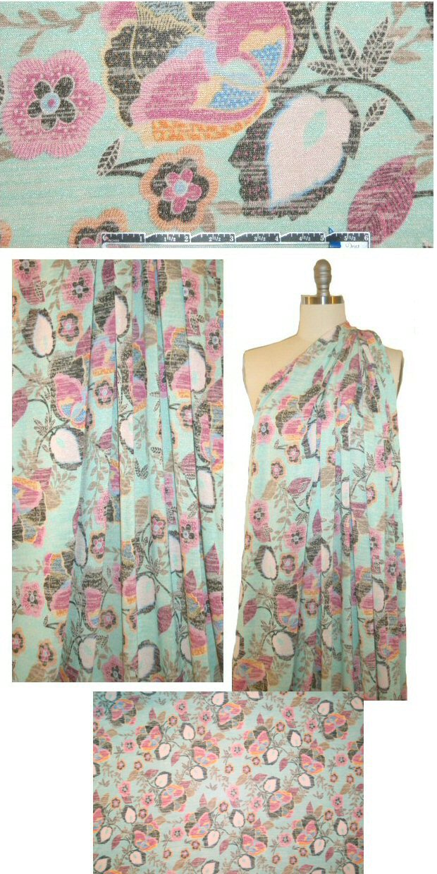 decorative flowers printed sweater knit - mint/pink 1.375 yd