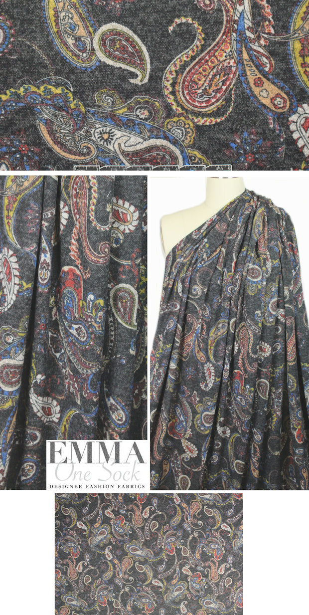 heathered paisley printed sweater knit - off black/blue 1.5 yds