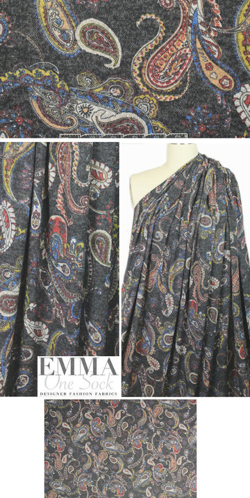 heathered paisley printed sweater knit - off black/blue 1.5 yds