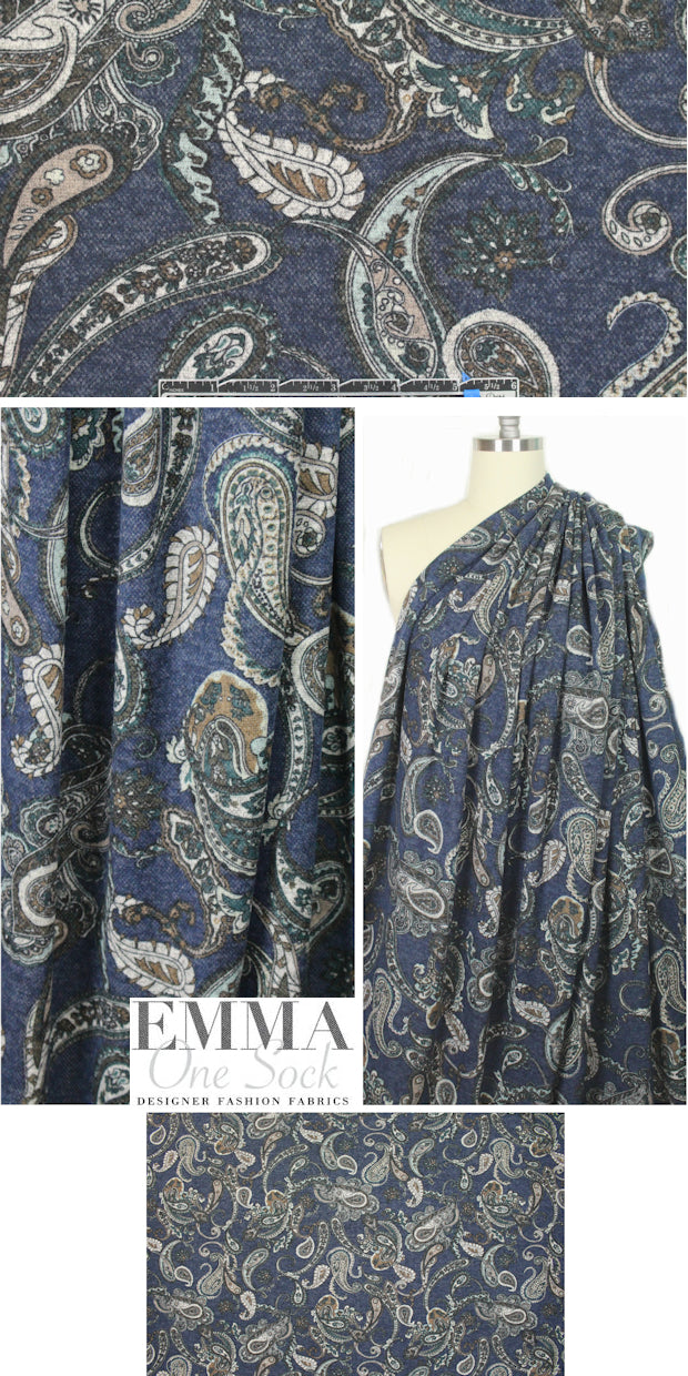 heathered paisley printed sweater knit - navy/taupe 1.125 yds