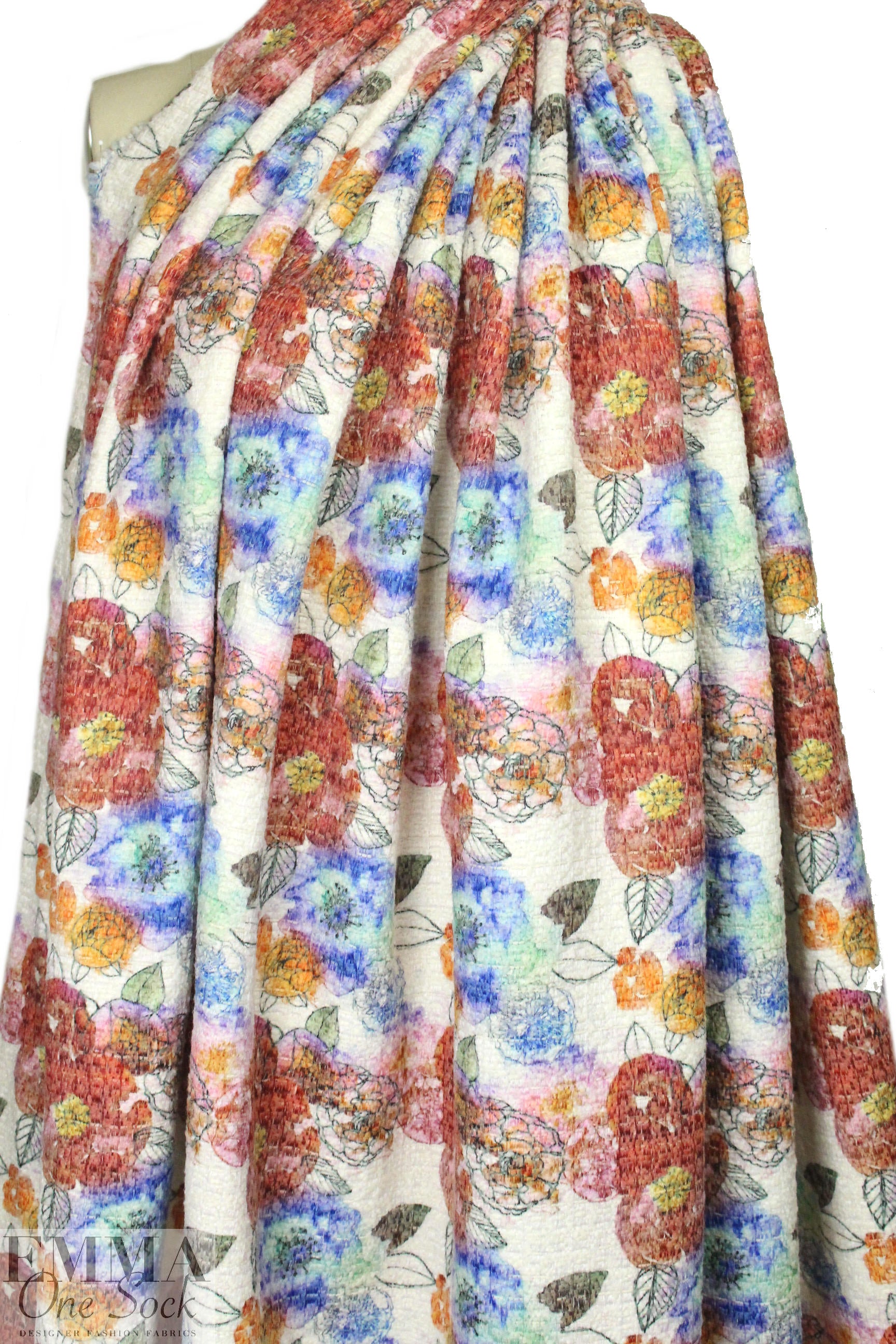 Italian floral over-printed wool blend boucle'