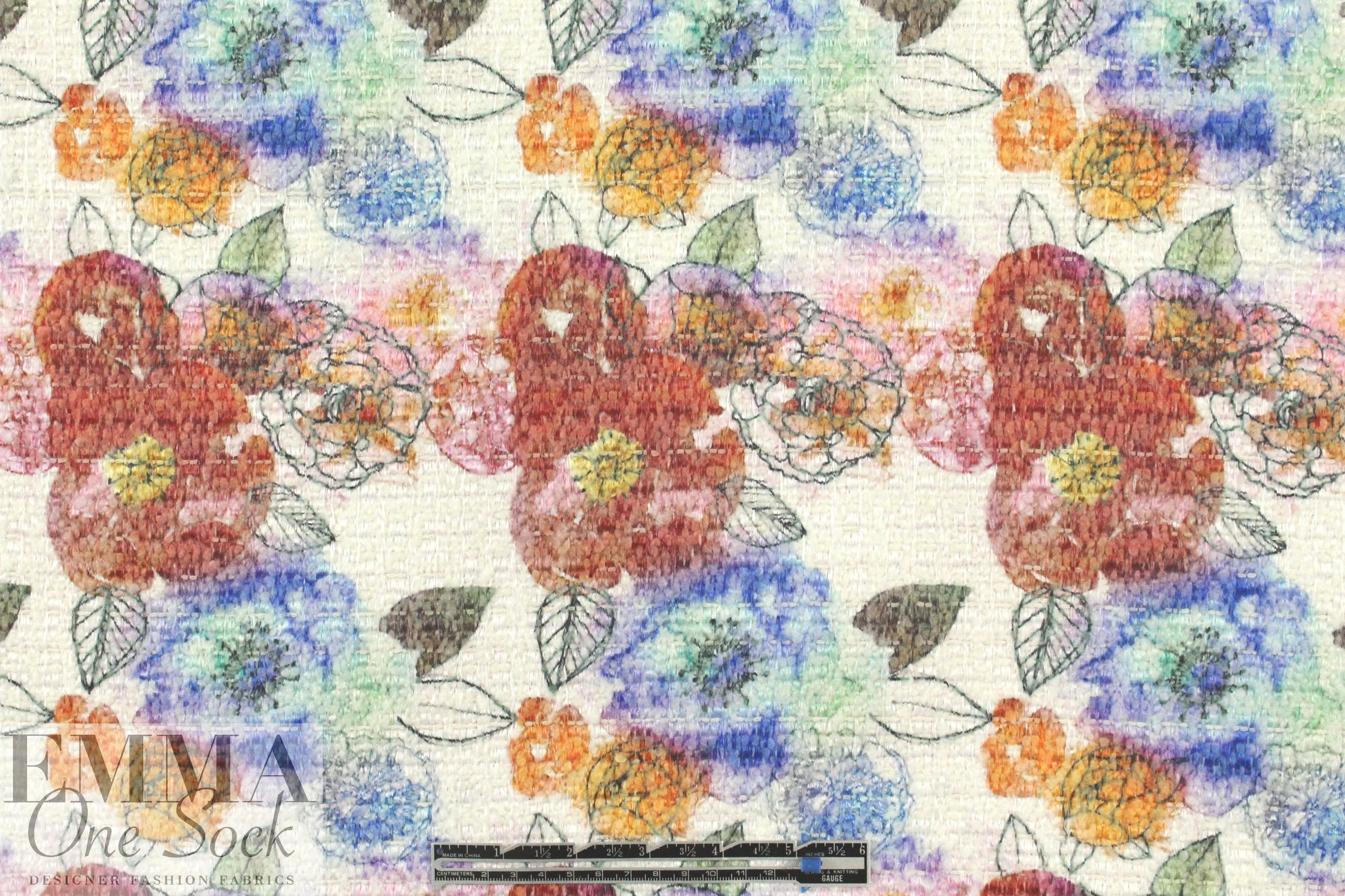 Italian floral over-printed wool blend boucle'