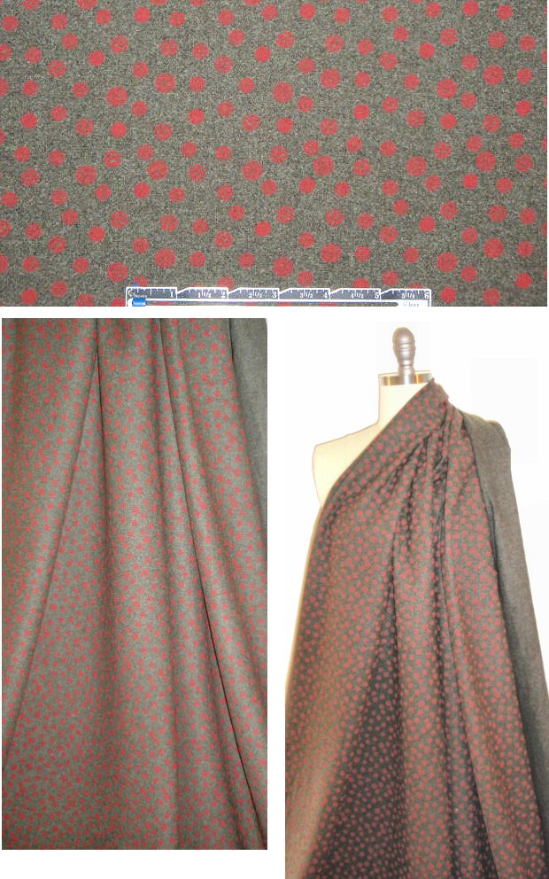 Italian graphic dot printed wool suiting - dusty olive/red 1.625 yd