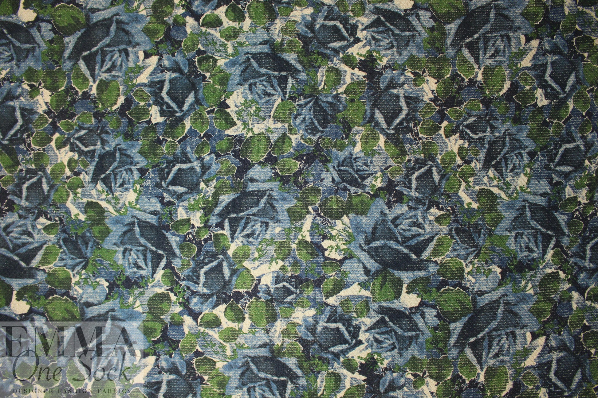 Italian blue/green over-printed wool blend basketweave