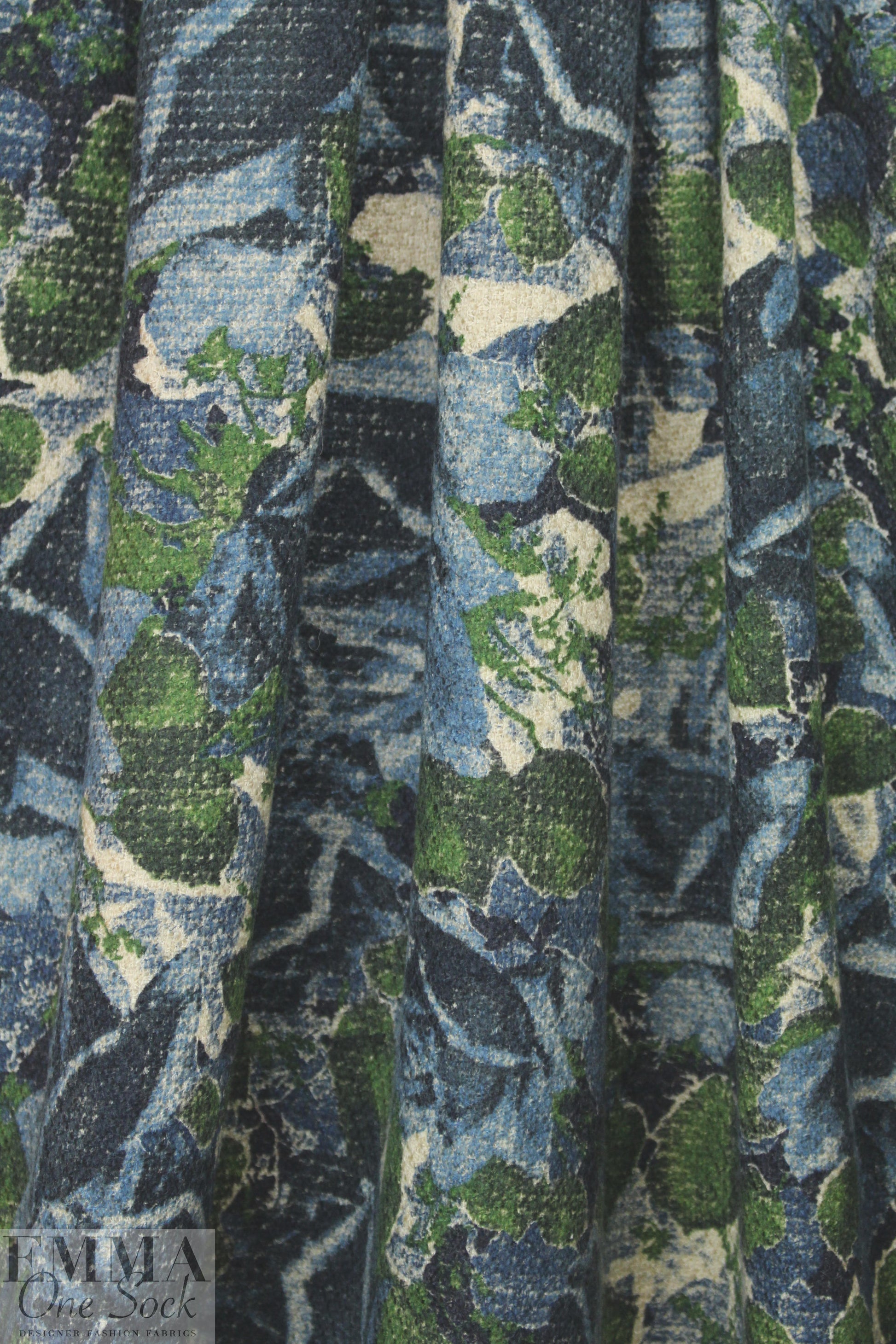 Italian blue/green over-printed wool blend basketweave 1.33 yds