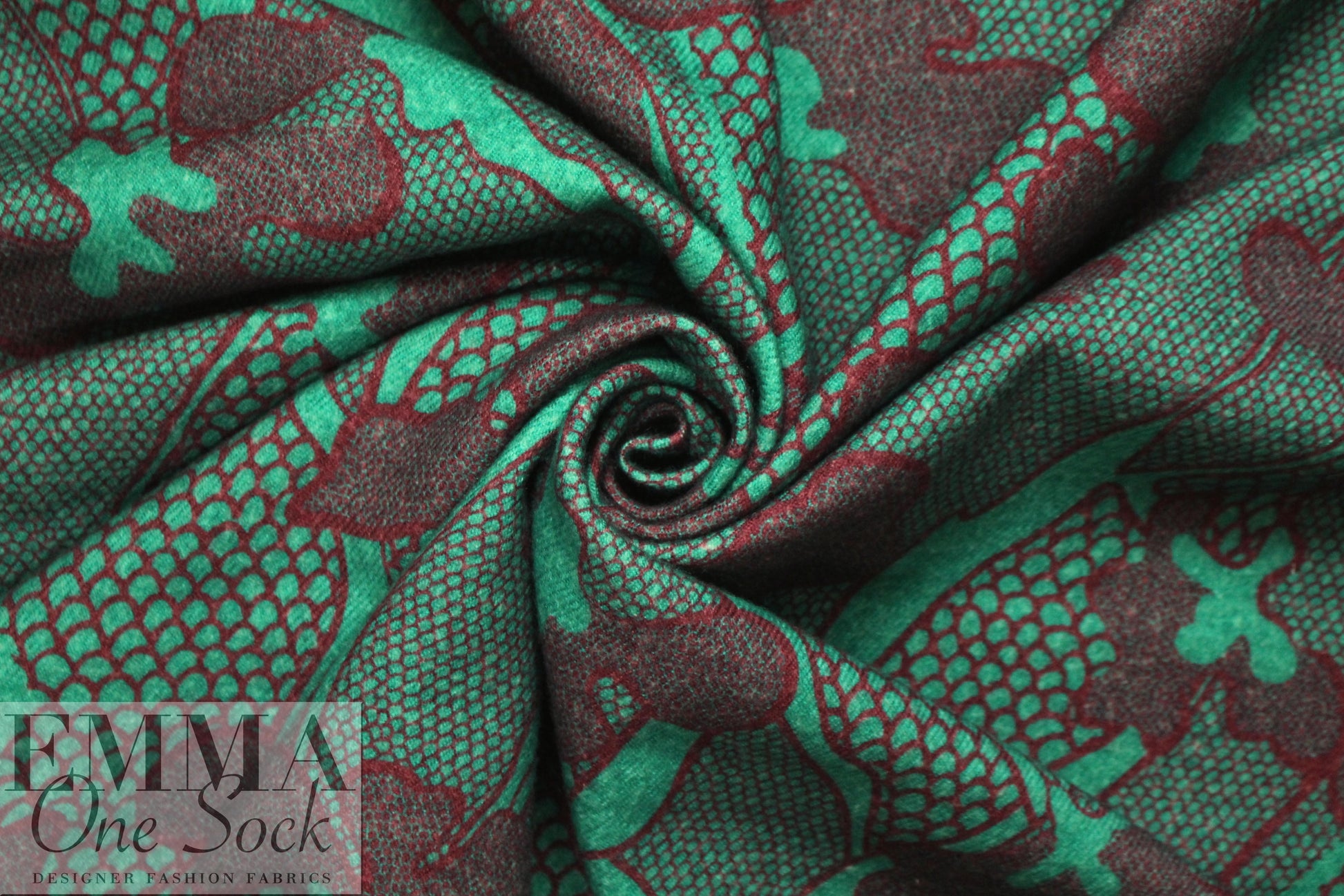 Italian printed wool twill suiting/coating - jade/wine