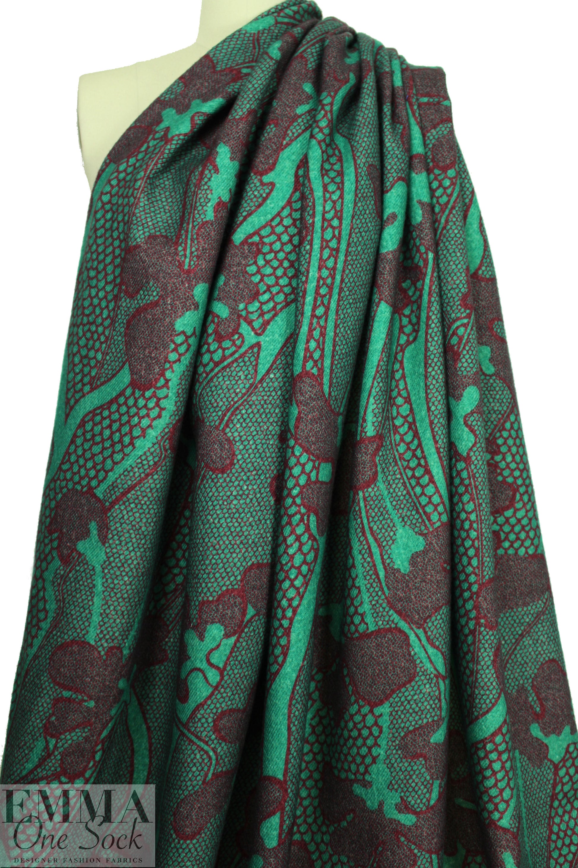 Italian printed wool twill suiting/coating - jade/wine .625 yds