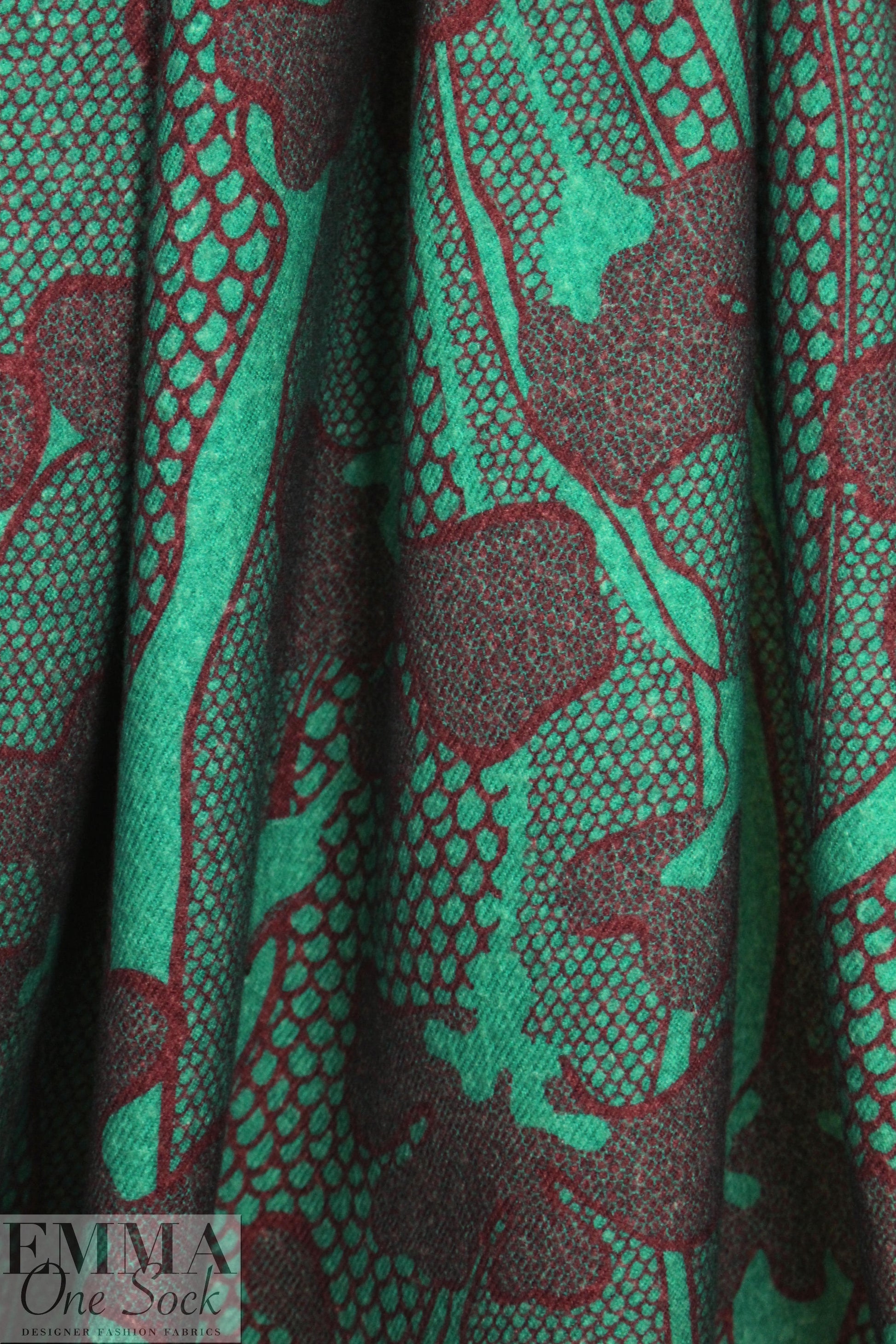 Italian printed wool twill suiting/coating - jade/wine .625 yds
