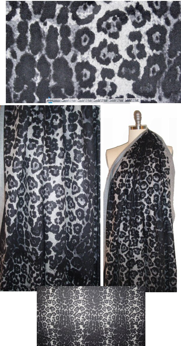 designer cheetah printed brushed wool woven - gray/black 1.75 yds