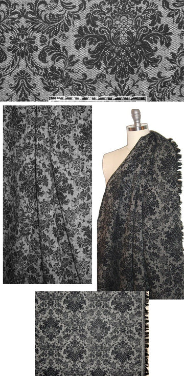 Italian blk/wht fleur-de-lis printed wool tweed 1.75 yd