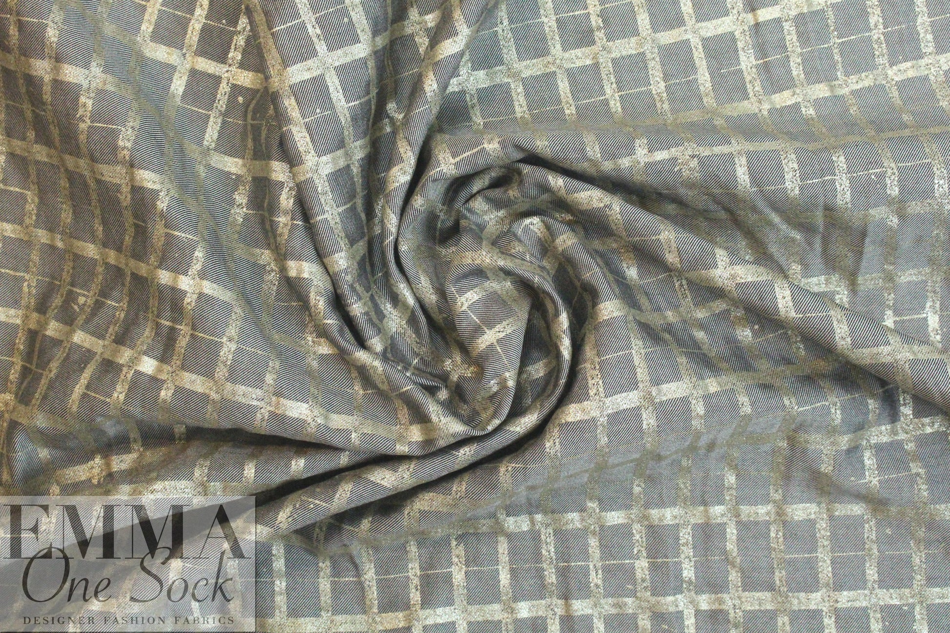 Italian printed wool twill weave 'denim' - golden grid