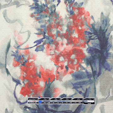 Italian 'painterly floral' over-printed textured wool - red coral/indigo 1.625 yd