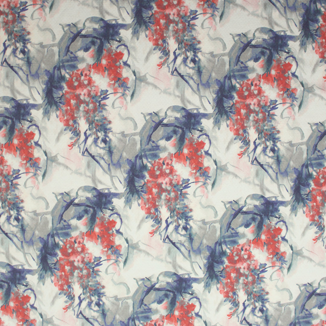 Italian 'painterly floral' over-printed textured wool - red coral/indigo 1.625 yd