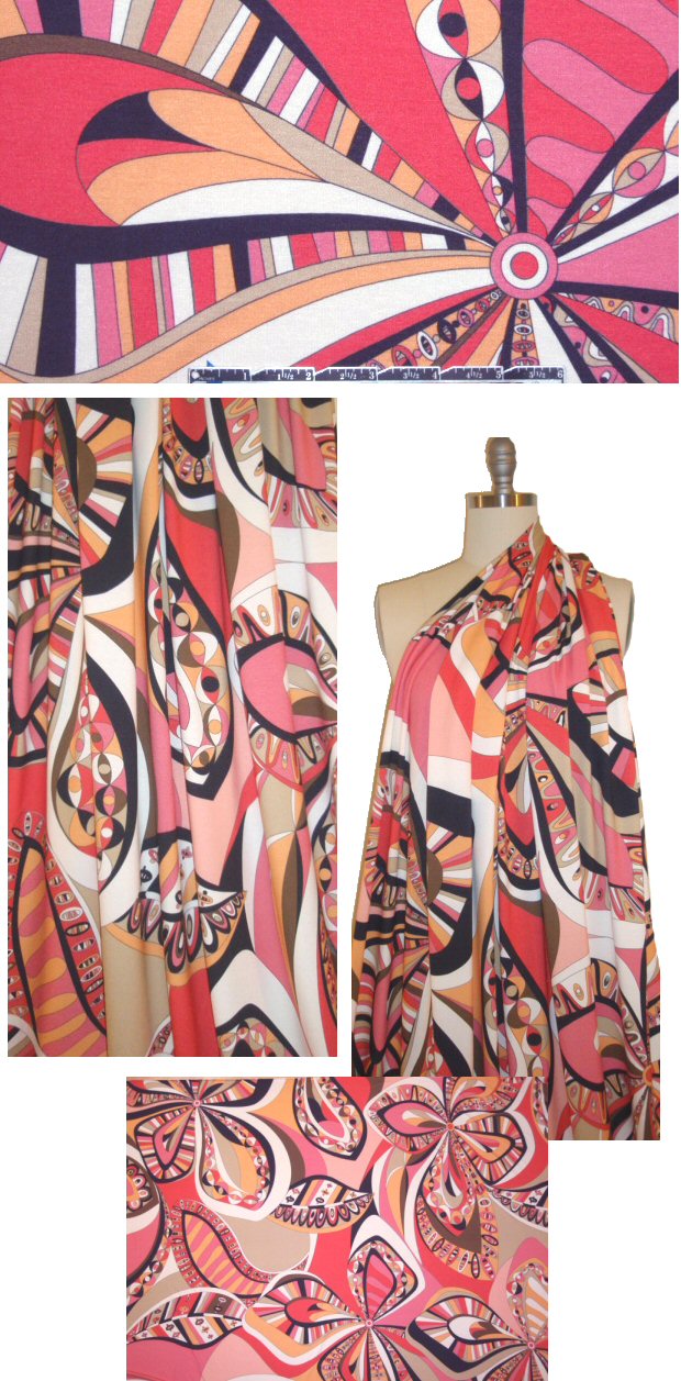 Italian 'Pucci' coral/sorbet/khaki visc/lycra knit 1.125 yds
