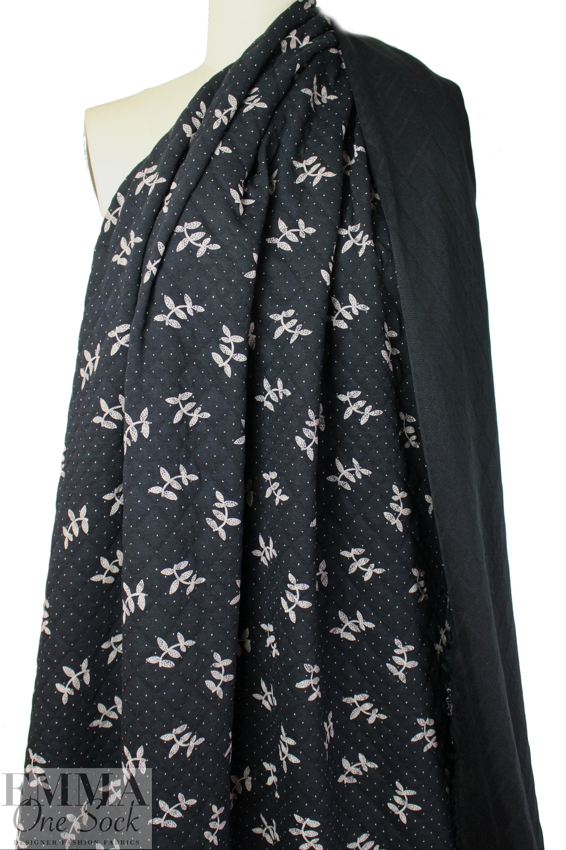 French printed 3-ply quilted-look knit - black leaf/dot 1.75 yd