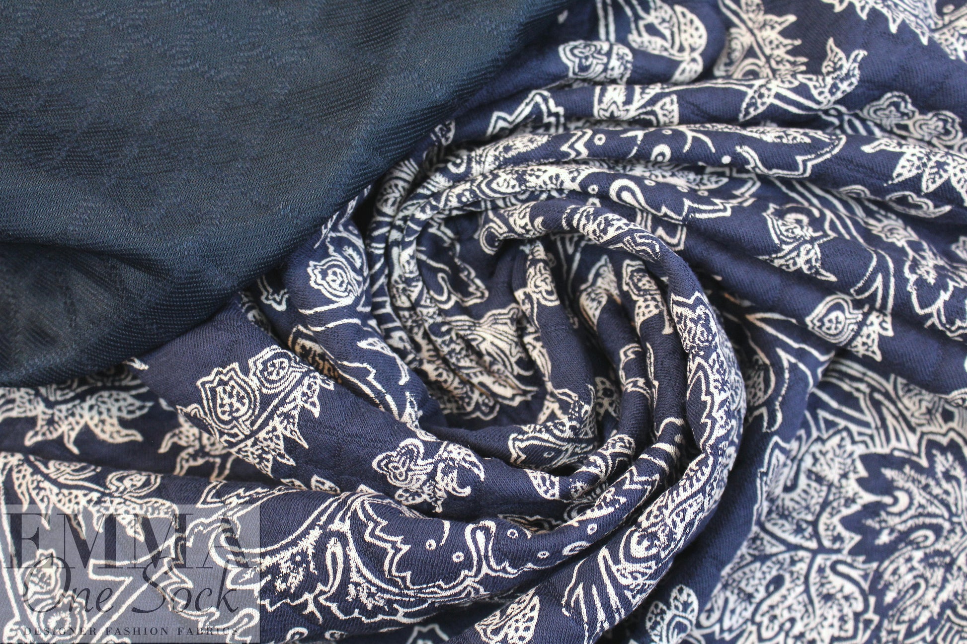 French printed 3-ply quilted-look knit - navy deco flor 2.6 yds