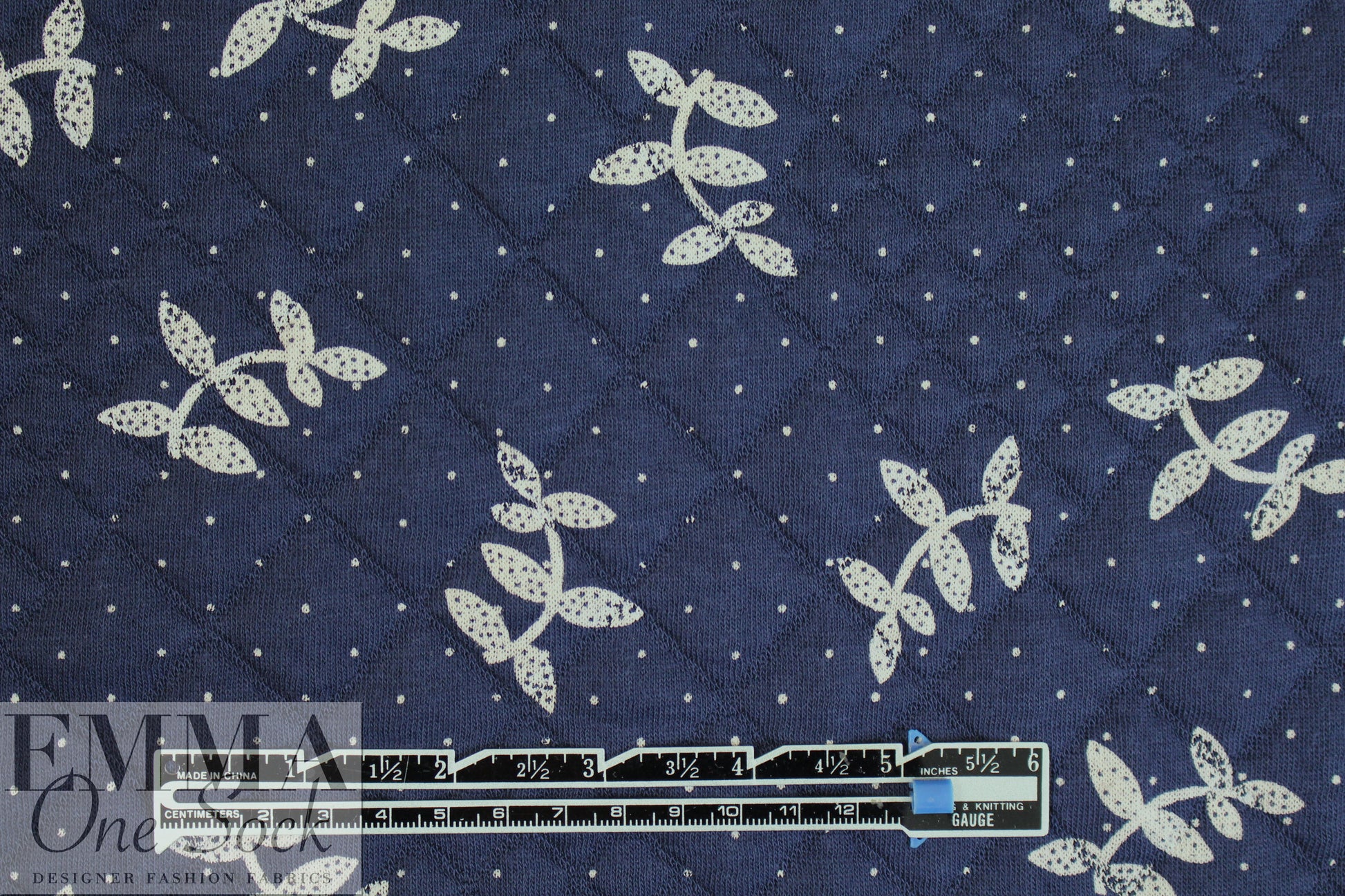 French printed 3-ply quilted-look knit - navy leaf/dot 2.25 yd