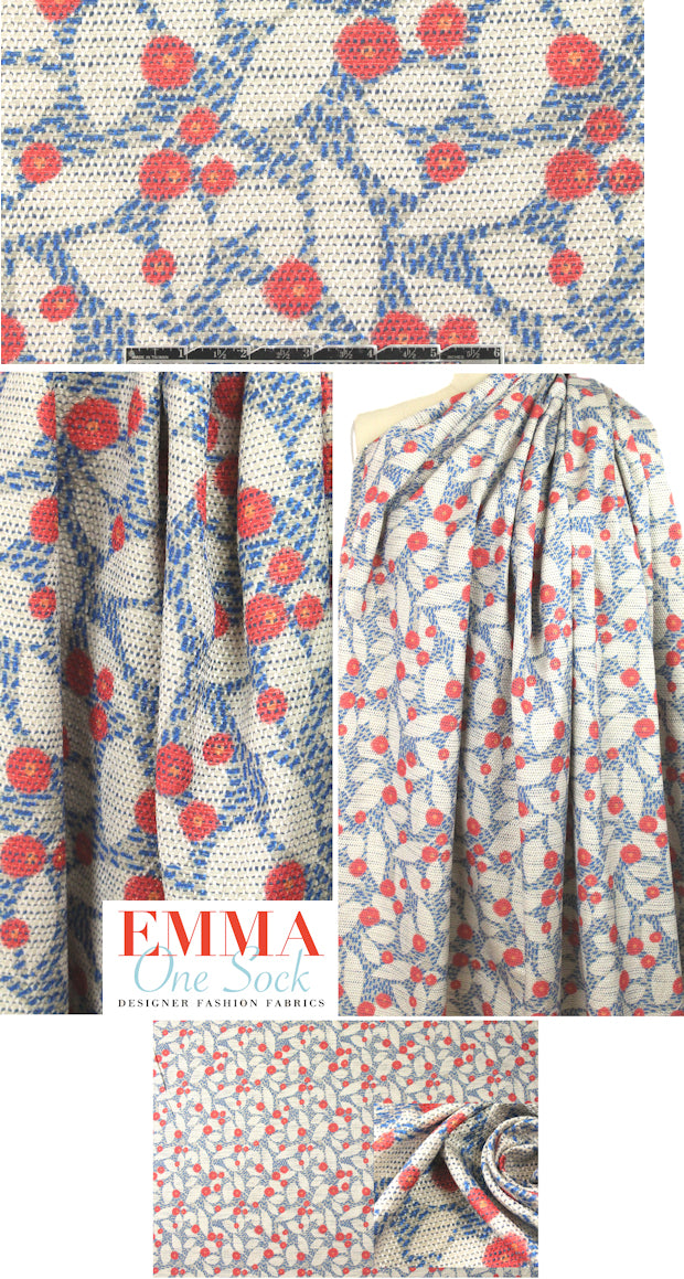 Italian blue/red floral over-printed stretch woven