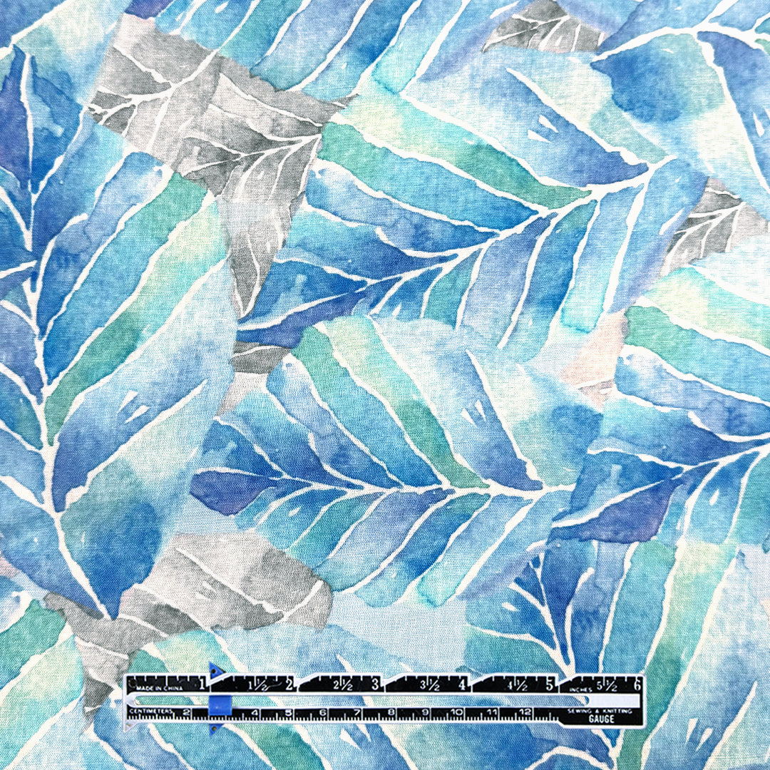 'fallen leaves' 100% ramie digital print - indigo/turquoise 1.125 yard