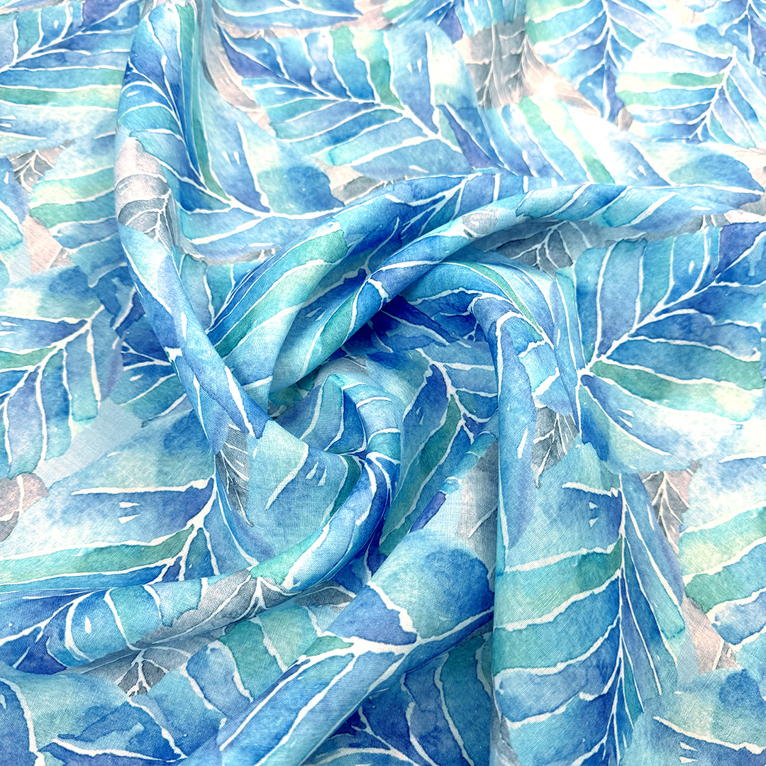 'fallen leaves' 100% ramie digital print - indigo/turquoise 1.125 yard