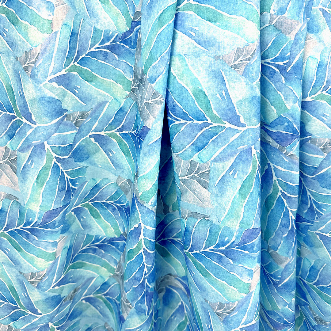 'fallen leaves' 100% ramie digital print - indigo/turquoise 1.125 yard