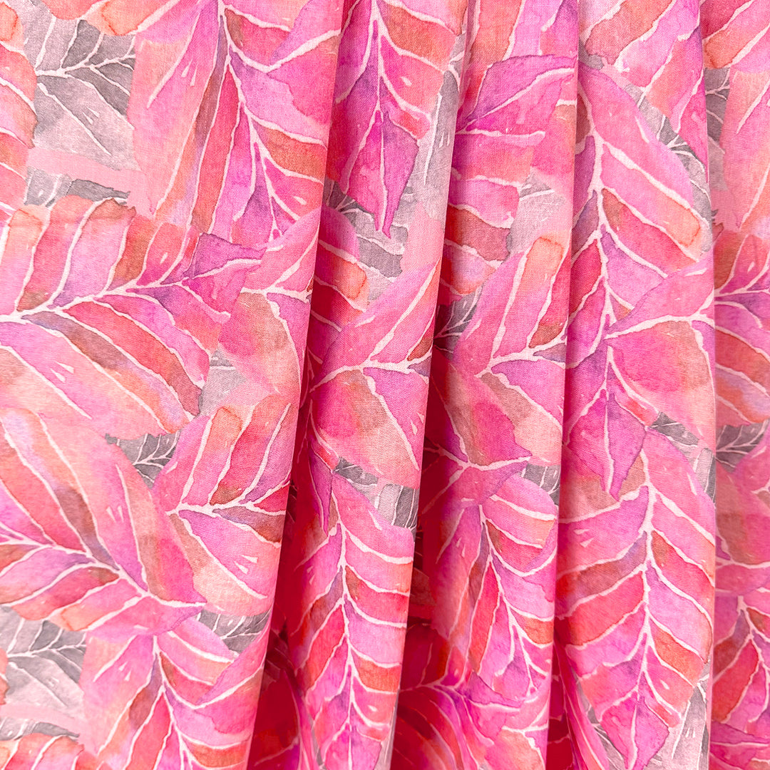 'fallen leaves' 100% ramie digital print - peach/fuchsia