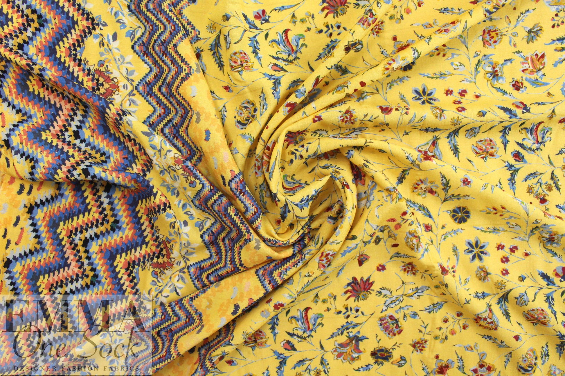 French lemon floral border viscose drapey woven