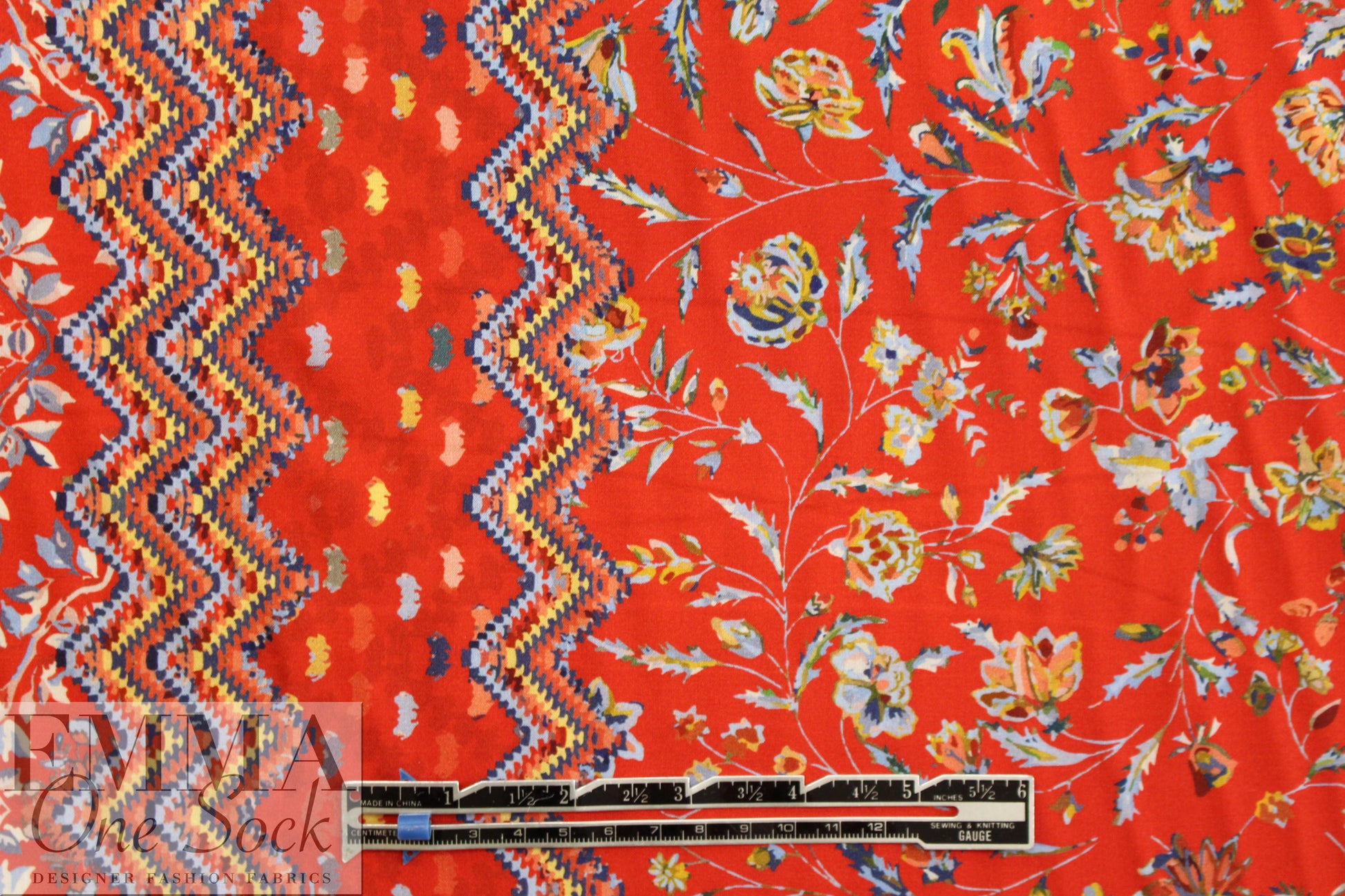 French red floral border viscose drapey woven