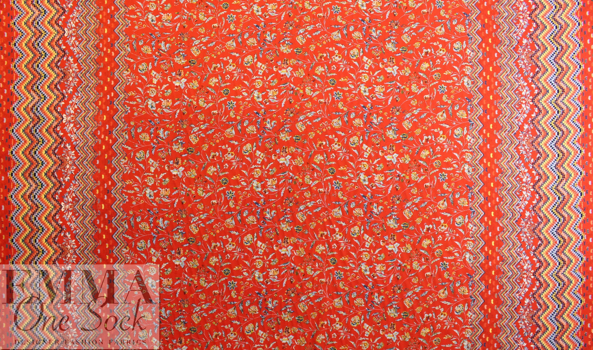 French red floral border viscose drapey woven