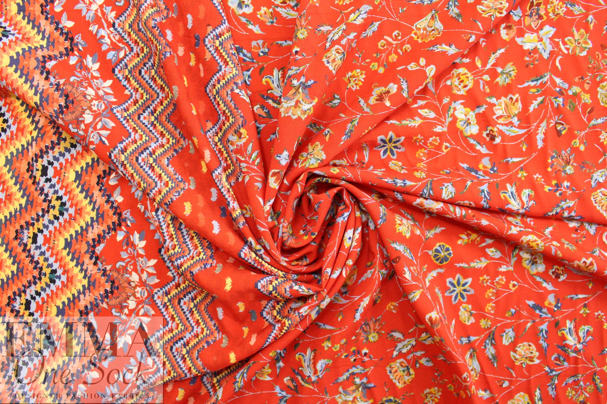 French red floral border viscose drapey woven