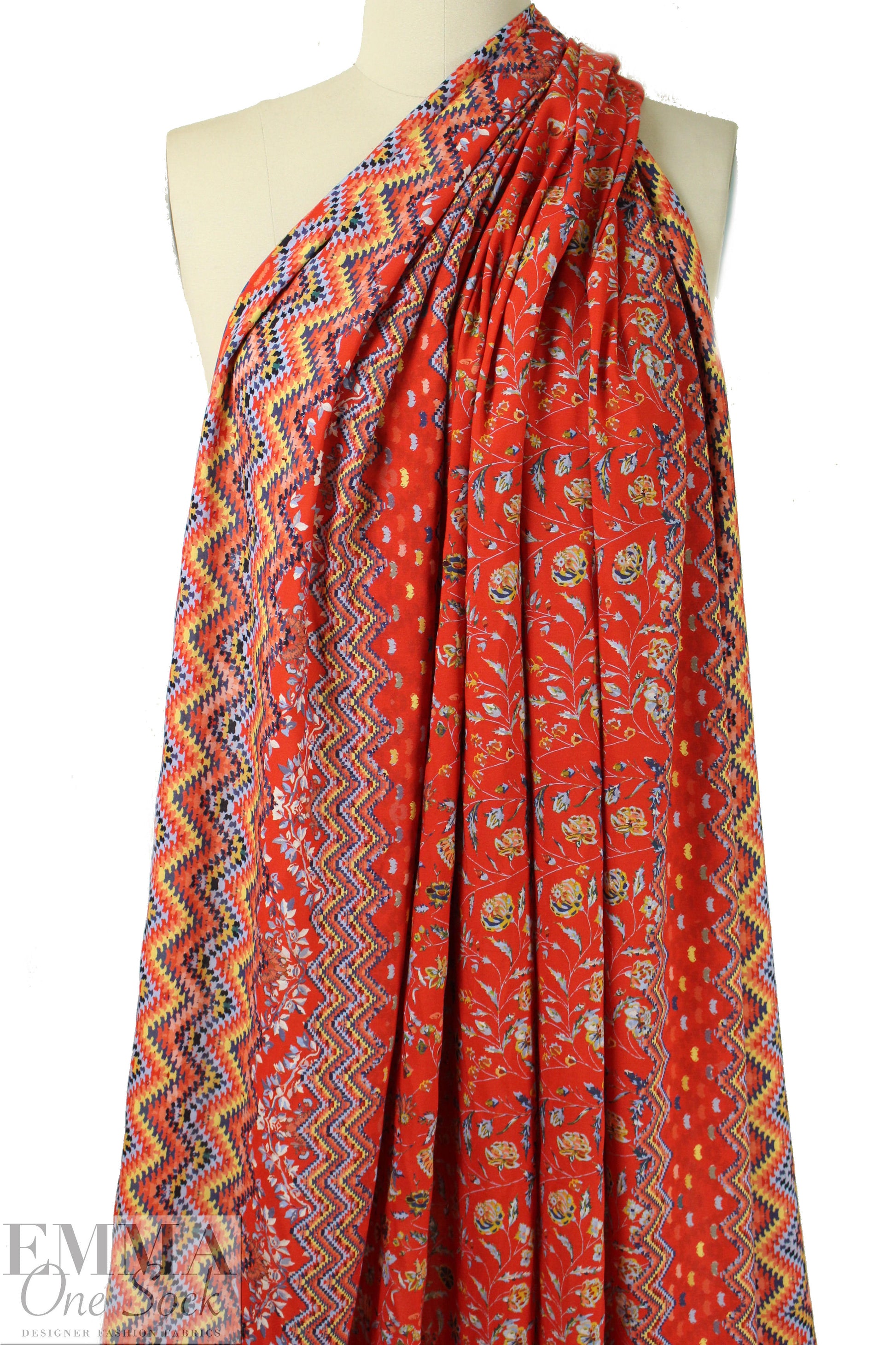 French red floral border viscose drapey woven