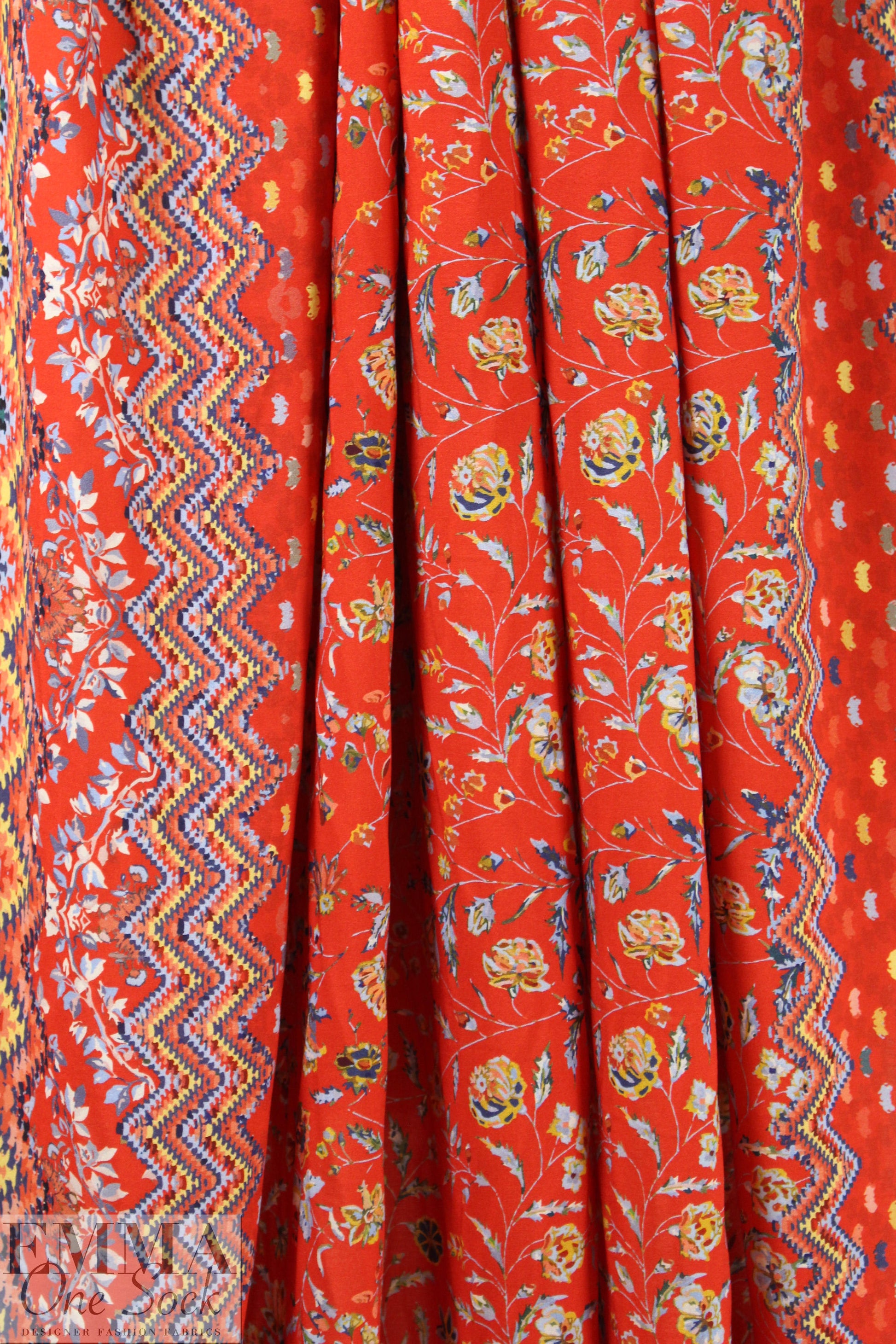 French red floral border viscose drapey woven 1.5 yd