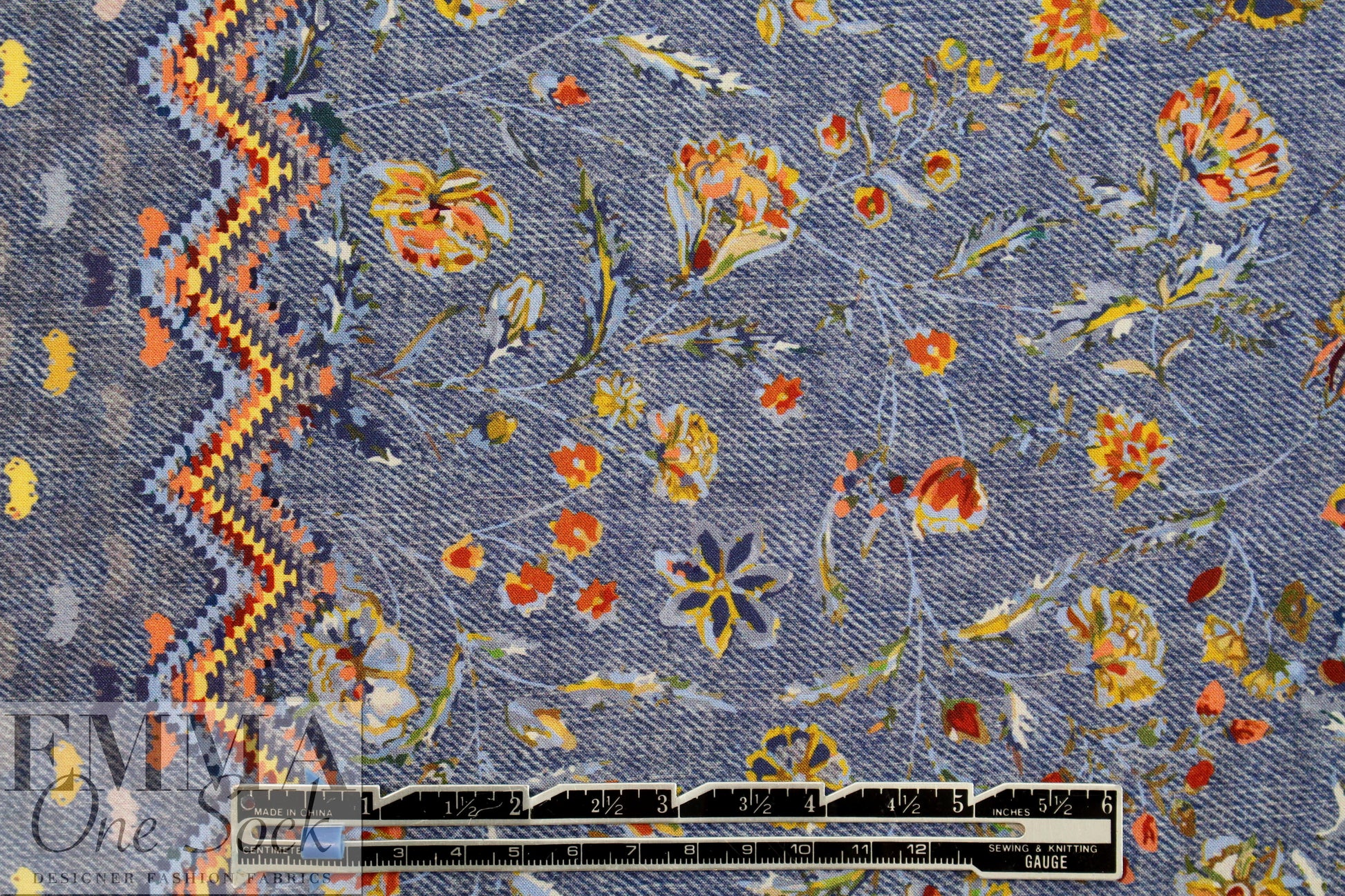French 'denim' floral border viscose drapey woven