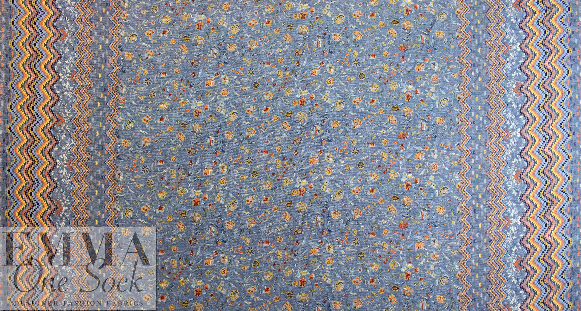 French 'denim' floral border viscose drapey woven