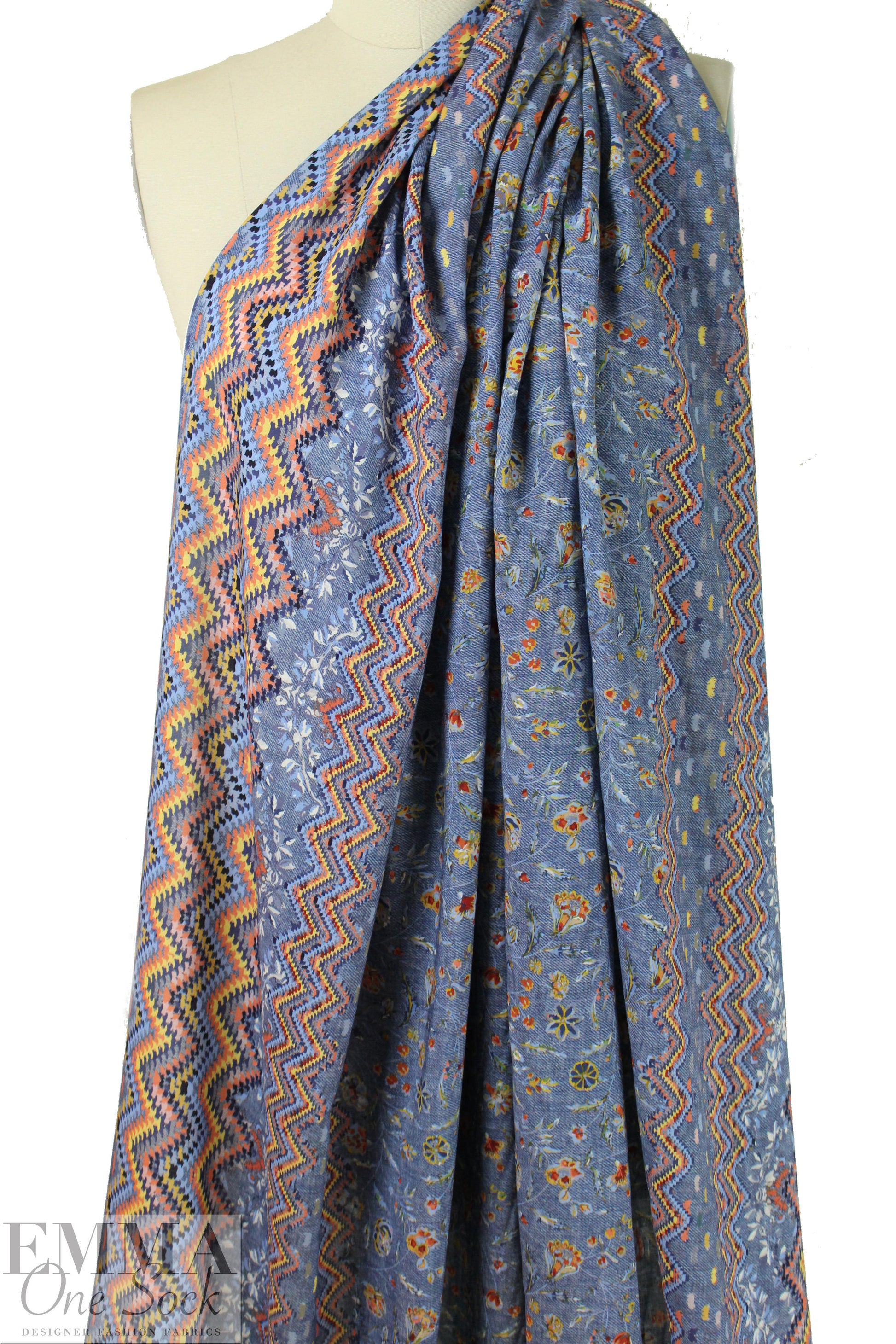 French 'denim' floral border viscose drapey woven