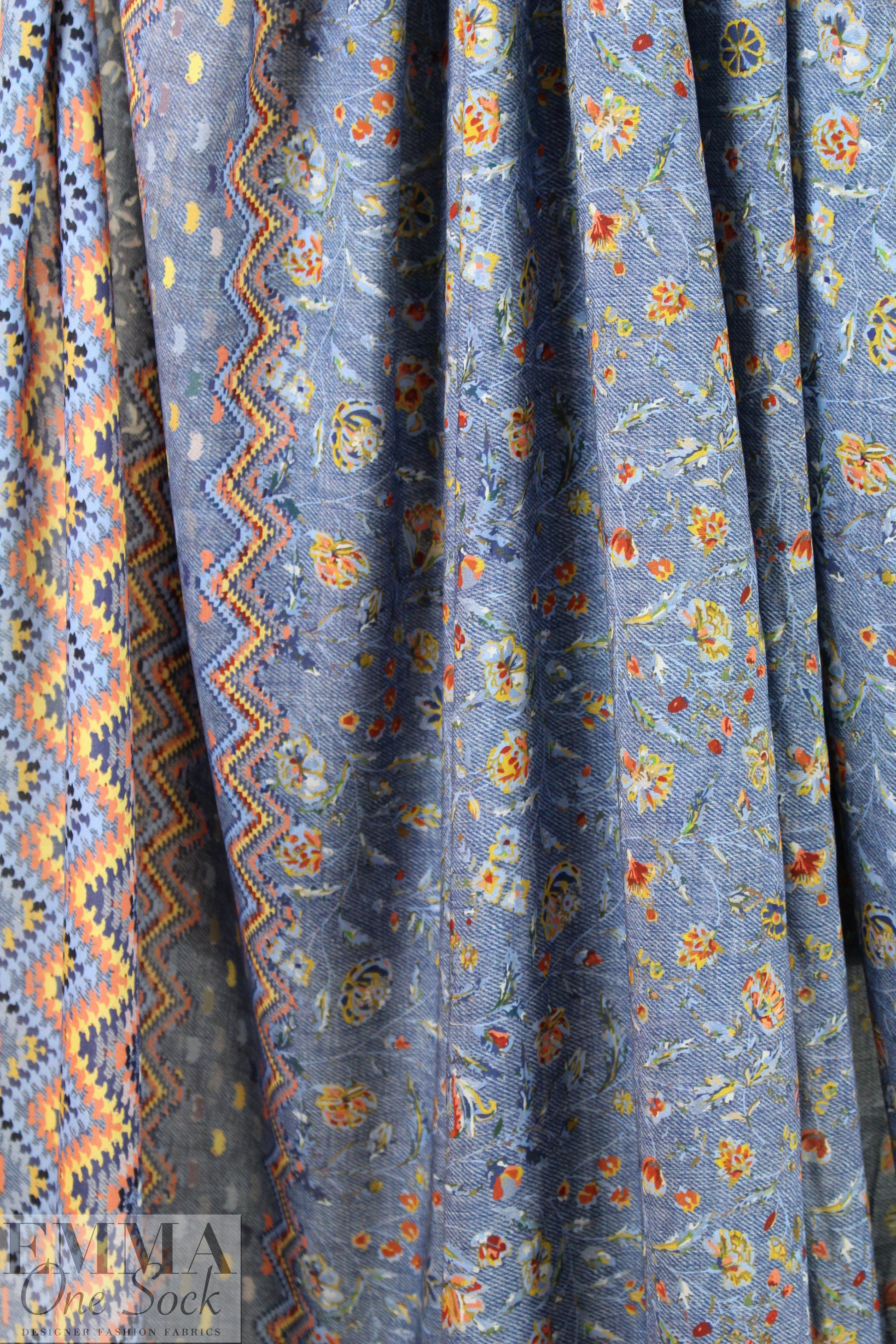 French 'denim' floral border viscose drapey woven