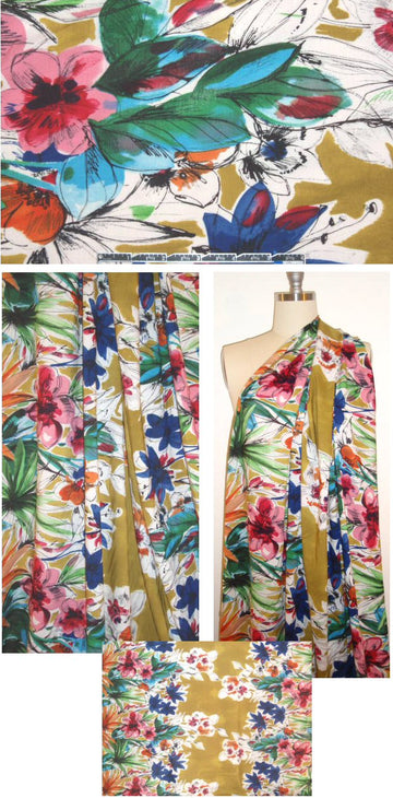 painterly flowers border print viscose woven 1.66 yd