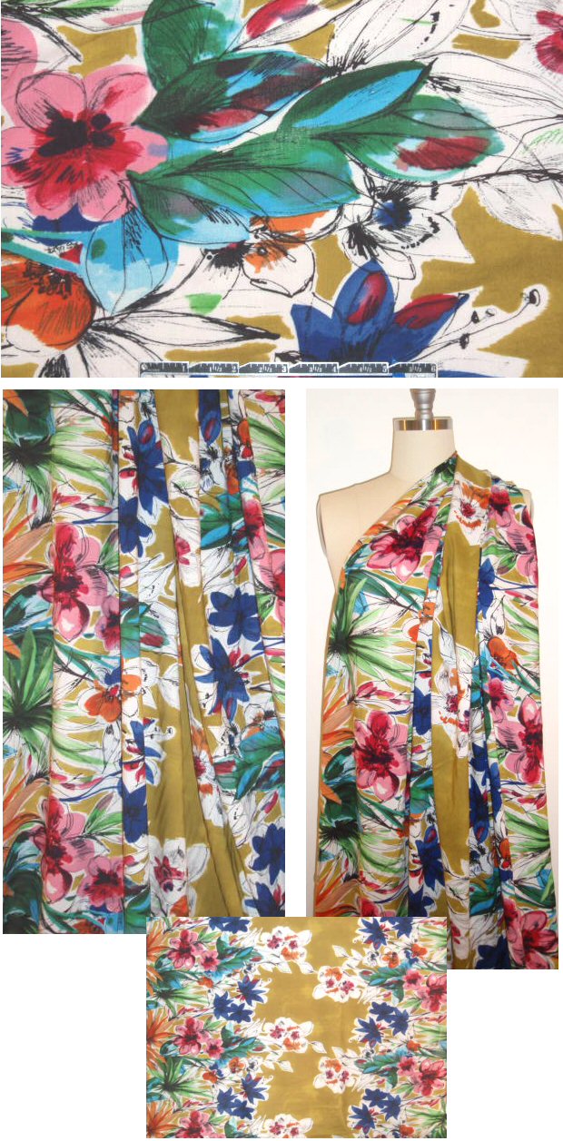 painterly flowers border print viscose woven 1.625 yds