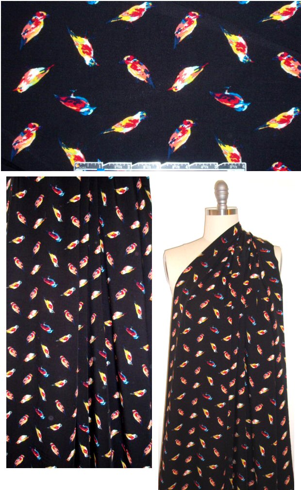 birdie graphic drapey viscose woven on black