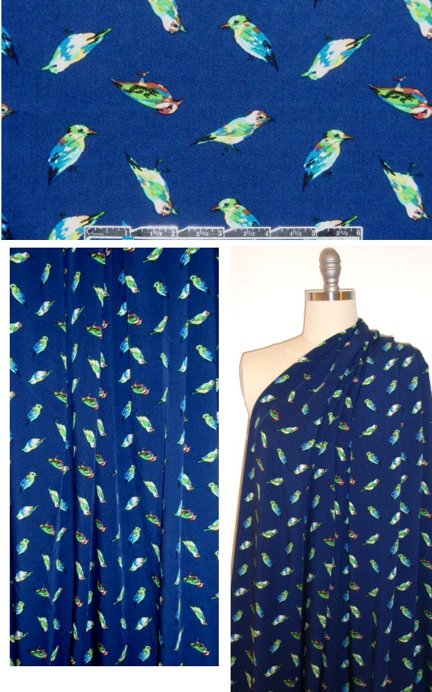 birdie graphic drapey viscose woven on navy .875 yds