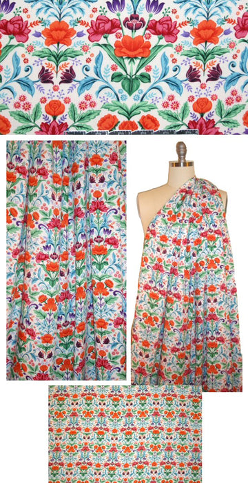 stylized flower print viscose woven - pink/orange/mint 1.375 yd