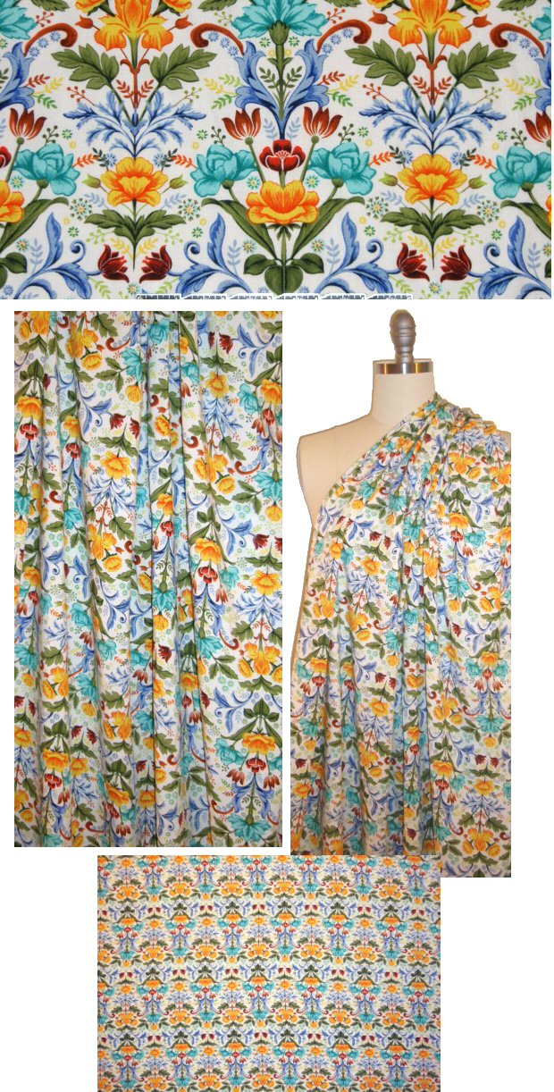 stylized flower print viscose woven - yellow/aqua/fern