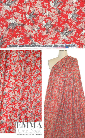 'busy hummingbirds' drapey rayon woven - red 1.5 yds